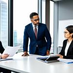 A diverse group of four professional executives and legal advisors, fully clothed in modern business attire, engaged in an intense discussion around a large conference table. They are reviewing legal documents, laptops, and a whiteboard filled with complex flowcharts and diagrams related to labor laws, intellectual property, and regulatory frameworks. One person is pointing to a specific clause on a document. The setting is a sleek, spacious, and well-lit corporate boardroom with large windows overlooking a city skyline, featuring modern furniture and subtle tech integration. Professional photography, high-resolution, sharp focus, natural lighting, perfect anatomy, correct proportions, well-formed hands, proper finger count, natural body proportions, safe for work, appropriate content, modest clothing, family-friendly.
