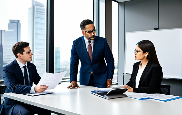 A diverse group of four professional executives and legal advisors, fully clothed in modern business attire, engaged in an intense discussion around a large conference table. They are reviewing legal documents, laptops, and a whiteboard filled with complex flowcharts and diagrams related to labor laws, intellectual property, and regulatory frameworks. One person is pointing to a specific clause on a document. The setting is a sleek, spacious, and well-lit corporate boardroom with large windows overlooking a city skyline, featuring modern furniture and subtle tech integration. Professional photography, high-resolution, sharp focus, natural lighting, perfect anatomy, correct proportions, well-formed hands, proper finger count, natural body proportions, safe for work, appropriate content, modest clothing, family-friendly.