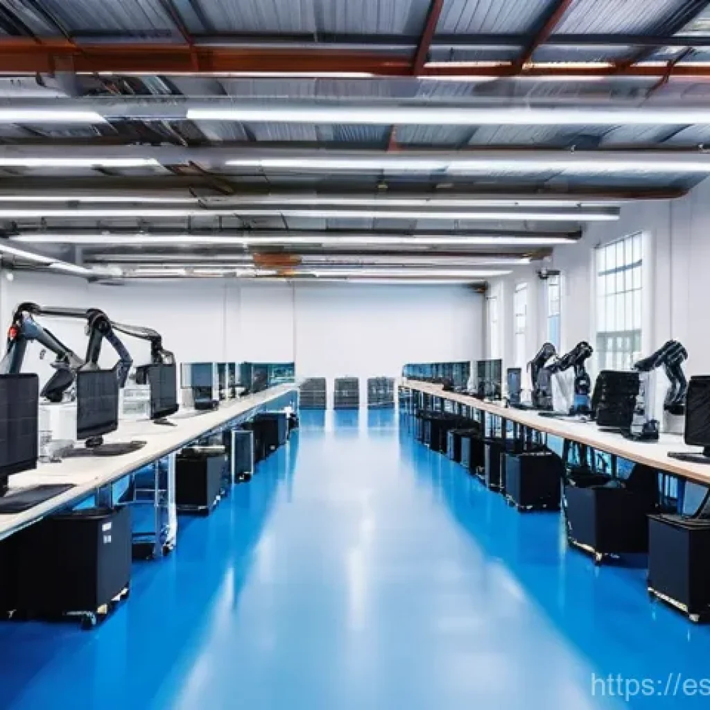 리쇼어링의 미래 전망 - **Prompt:** A clean, brightly lit, modern smart factory interior in a Spanish industrial park. Colla...