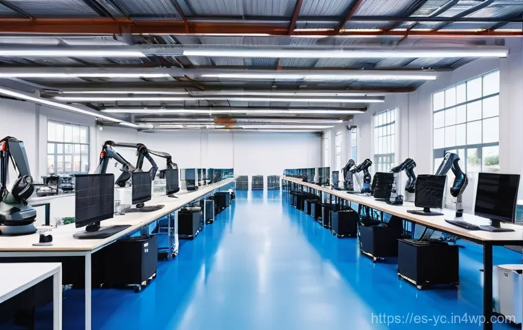 리쇼어링의 미래 전망 - **Prompt:** A clean, brightly lit, modern smart factory interior in a Spanish industrial park. Colla...