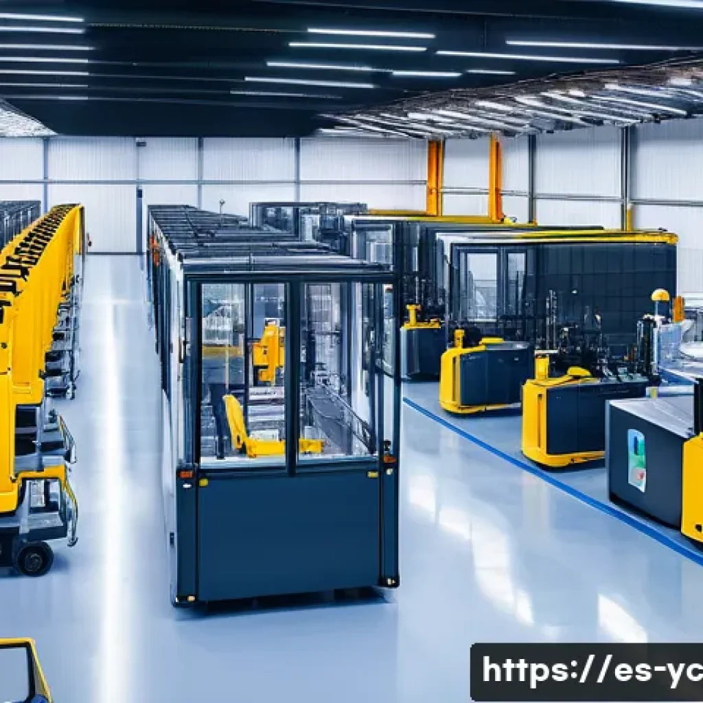 리쇼어링을 통한 제조업의 경쟁력 강화 - A modern industrial factory located near a bustling Spanish urban market, featuring advanced robotic...
