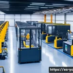 Home 22 리쇼어링을 통한 제조업의 경쟁력 강화 - A modern industrial factory located near a bustling Spanish urban market, featuring advanced robotic...
