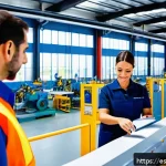 Home 19 리쇼어링의 경제적 기회 창출 - A modern Spanish industrial factory interior with diverse workers wearing safety gear and technical ...