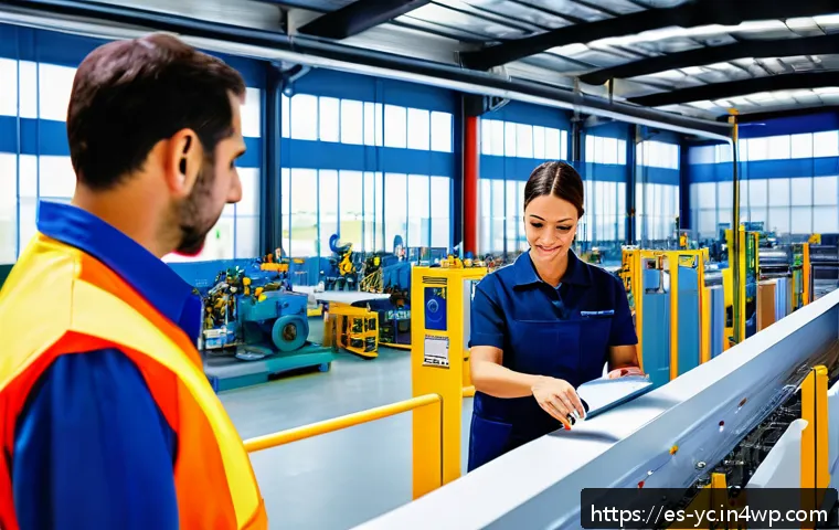 리쇼어링의 경제적 기회 창출 - A modern Spanish industrial factory interior with diverse workers wearing safety gear and technical ...