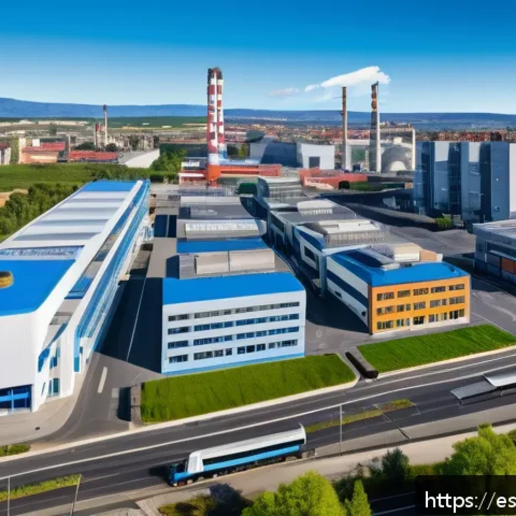 리쇼어링으로 변화하는 글로벌 경제 - A vibrant European mid-sized industrial city scene showing a modern factory complex with clean, adva...