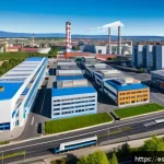 Home 23 리쇼어링으로 변화하는 글로벌 경제 - A vibrant European mid-sized industrial city scene showing a modern factory complex with clean, adva...