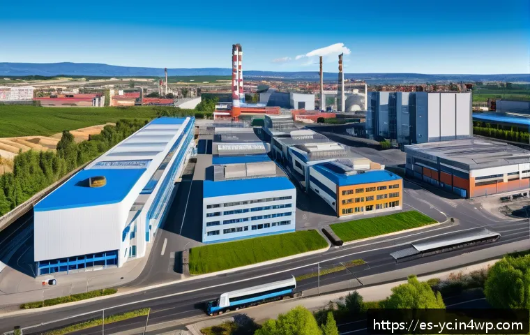 리쇼어링으로 변화하는 글로벌 경제 - A vibrant European mid-sized industrial city scene showing a modern factory complex with clean, adva...