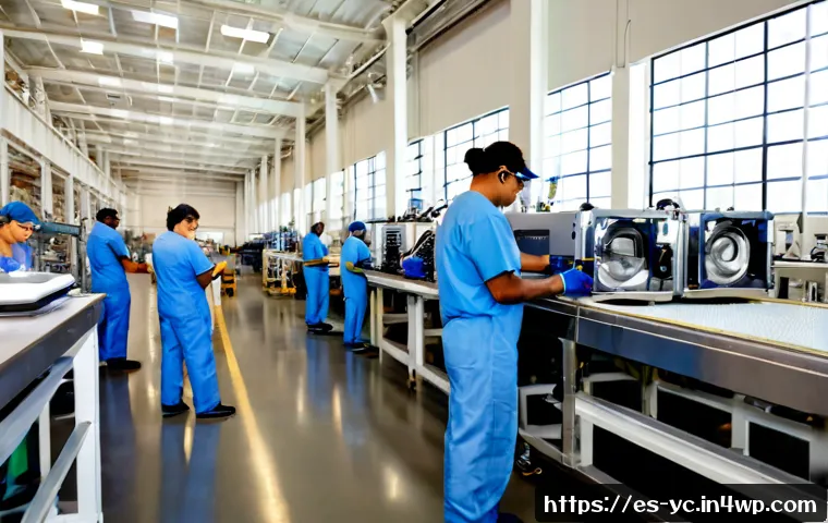 Home 17 리쇼어링과 미국 제조업의 부활 - Photorealistic modern manufacturing plant in the United States, diverse skilled workers in safety gl...